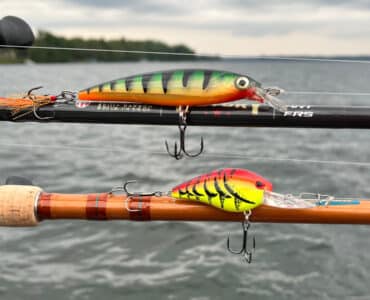 Fishing rods with a jerkbait and crankbait lures.